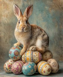 Lapin de Pâques sur des œufs de Pâques colorés