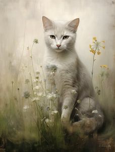 Chat gris clair parmi les fleurs