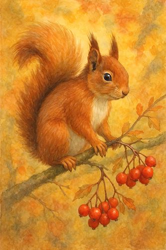 Herfst eekhoorn (AI) (aquarel warme herfstkleuren rood bruin bessen bos tak schilderij dieren kinderkamer)