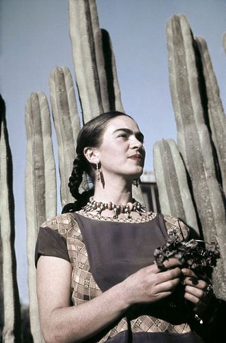 Frida op foto in kleur voor cactussen in Mexico