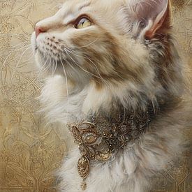 Porträt einer Katze mit goldenem Halsband - Elegantes Gemälde im Stil der alten Meister von Joriali Fotografie und Gemälde