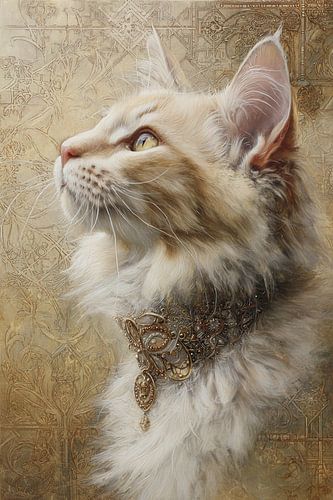 Portret van een Kat met Gouden Halsketting - Elegant Schilderij in de stijl van de oude meesters