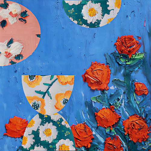 Een feng shui kleurrijk portret kommen en bloemen. van Studio Jet