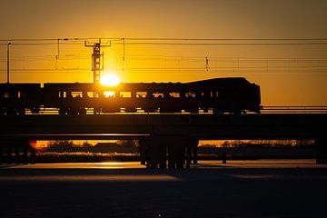 De zon schijnt door de Koploper trein heen op de Hanzelijn van Stefan Verkerk fotografie