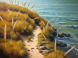 Sérénité du sentier côtier - Une peinture numérique d'herbes dorées et d'eaux azurées sur Artistic