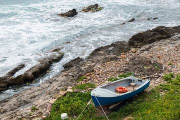 kleine roeiboot met reddingsboei op het strand in sardinie met de zee als achtergrond