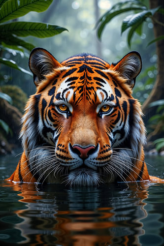 Fantasy Art Wandbild: JUNGLE KING - Ein Tiger im Wasser des Regenwaldes