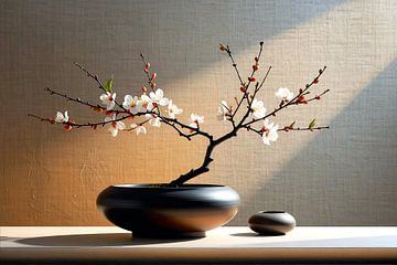 Japandi stilleven: Bloeiende kersenbloesem op vaas van Studio Pieternel