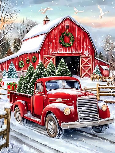 Rode vrachtwagen kerstbomen