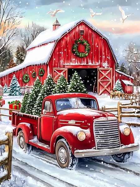 Red truck christmas trees by haroulita