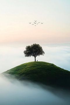 Boomstamkano in het mistige landschap van Poster Art Shop