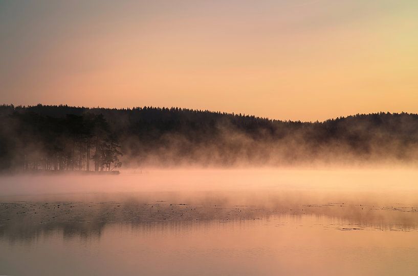 Lever de soleil avec formation de brouillard sur un lac en Suède, à l'aube par Martin Köbsch