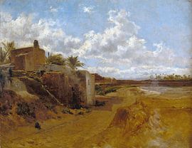Carlos de Haes-A farmhouse, an antique landscape