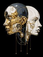 Futuristic couple portrait duality gold mechanics AI