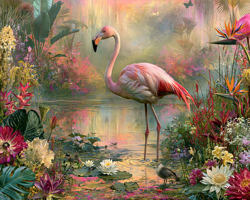 Flamingo with tropical flowers