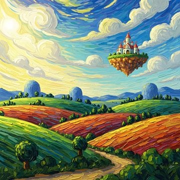 Peinture représentant un paysage fantastique vibrant avec un château flottant sur Clay Artista