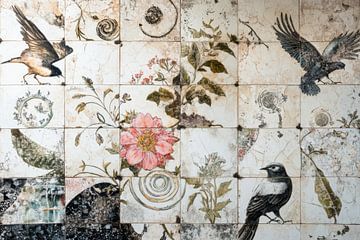 Tegel kunstwerk van vogels en bloemen van Digitale Schilderijen