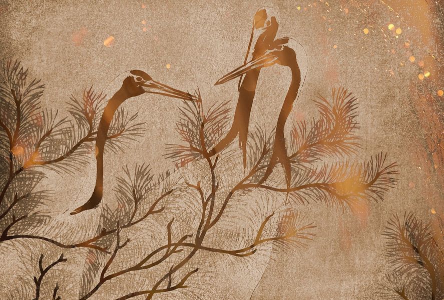 Kraanvogels en hun onder onsje van Gisela Art for You op canvas