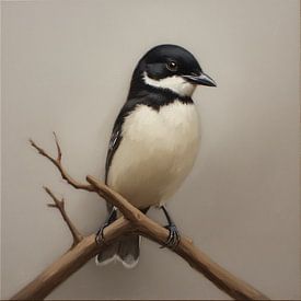 Ein minimalistisches Porträt einer weiß-schwarzen Elster, die auf einem Ast sitzt. von J.a Dijkstra