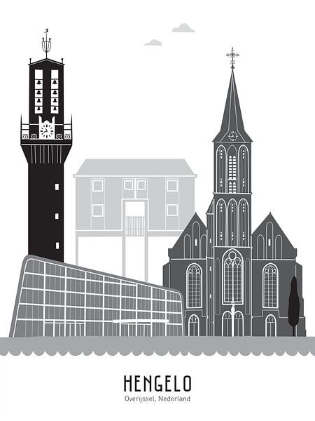 Skyline illustration city of Hengelo in black-and-white-grey by Mevrouw Emmer