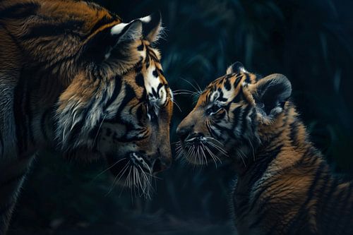 Tijger en welp in het bos