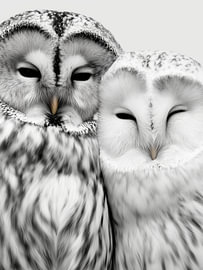 Eulenpaar eng beieinander – Tierkunst in Schwarzweiß