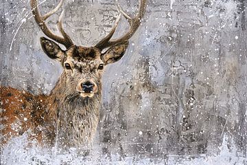 Realistisch schilderij van een hert in sneeuw van De Muurdecoratie