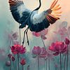 Grue avec fleurs de lotus sur Gypsy Galleria
