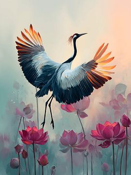 Crane with Lotus flowers by Gypsy Galleria