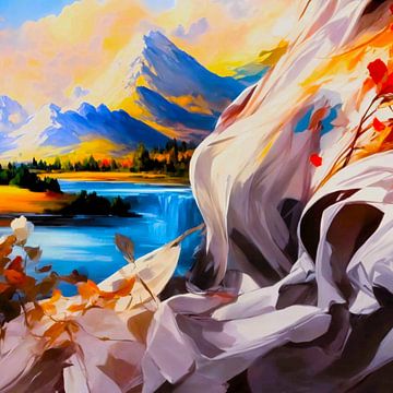 Digitaal schilderij van een uitzicht op een meer en bergen met kleuren en contrasten van A.D. Digital ART