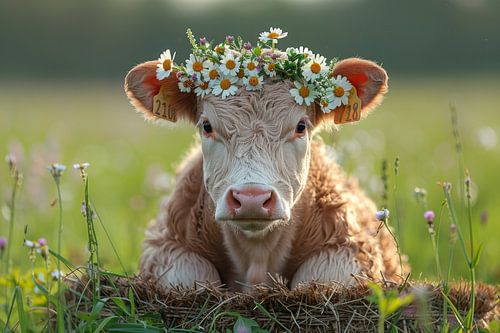 Veldbloemen droom - Schattig kalf met madeliefjeskrans