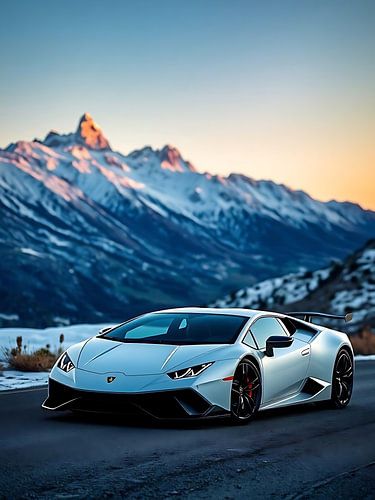 Lamborghini Murcielago wit met besneeuwde bergen