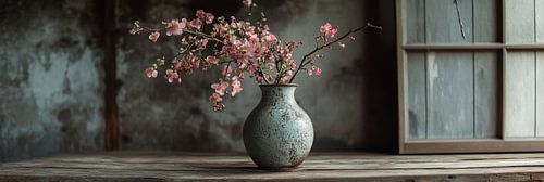 Still life copper vase with cherry blossom on wooden table panorama by Digitale Schilderijen