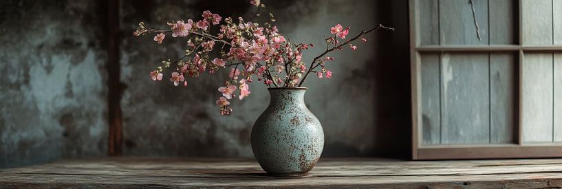Nature morte vase en cuivre avec fleurs de cerisier sur table en bois panorama par Digitale Schilderijen