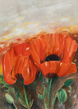 Mohnblumen-Paar auf dem Mohnblumen-Feld . Rot bis zum Horizont. von Renate Kreft