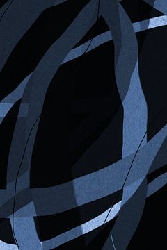 Œuvre d'art moderne abstraite minimaliste rétro en bleu, blanc, noir VI sur Dina Dankers
