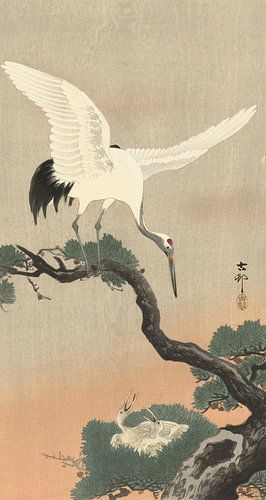 Grue japonaise sur une branche du pin d'Ohara Koson