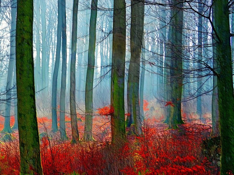 Descendants (Trees in autumn forest with red) by Caroline Lichthart