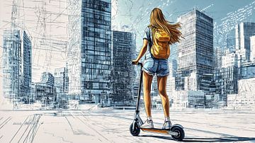 Woman on an e-scooter in a modern city by Frank Heinz
