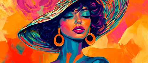 Explosion de couleurs : Portrait d'une femme avec un chapeau