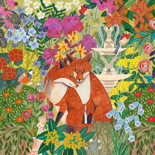 Vossen in Engelse bloemen tuin