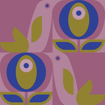 Scandinavisch retro. Vogels en bladeren in lila, mosterd en kobaltblauw