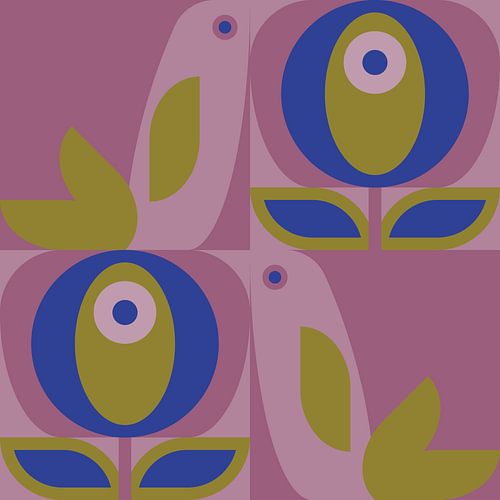 Rétro scandinave. Oiseaux et feuilles en lilas, moutarde et bleu cobalt.
