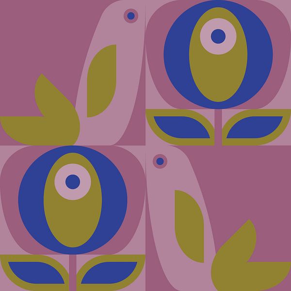 Scandinavisch retro. Vogels en bladeren in lila, mosterd en kobaltblauw van Dina Dankers