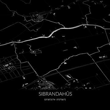 Zwart-witte landkaart van Sibrandahûs, Fryslan. van Rezona