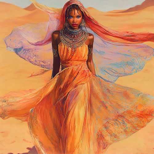 Krachtige vrouw de woestijn in warme oranje tinten