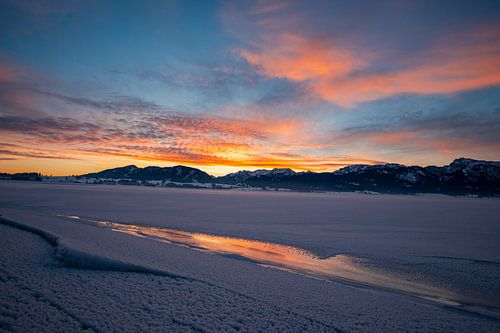 Zonsopgang over de bevroren Forggensee en de oostelijke Allgäu/Ammergauer Alpen