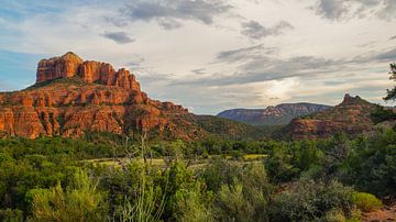 Groene vegetatie en bomen bij de rode rotsen van Sedona panorama natuur landschap uitzicht, USA, zonsondergang, mooie roadtrip van adventure-photos