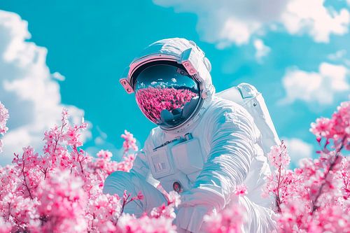 Astronaut in het bloeiende kersenboomveld
