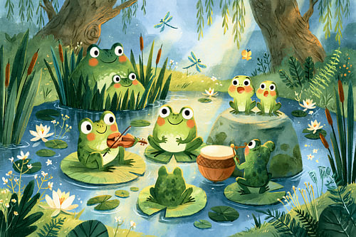 A cheerful frog concert with cute little frogs by the green water-lily pond